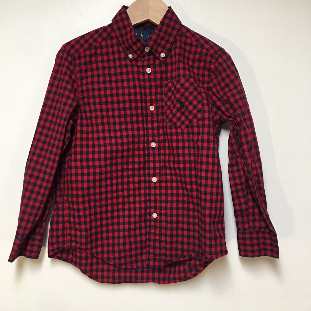 Ralph Lauren Gingham Button Down Shirt Boys Size 5 Red Navy Blue Woven Cotton